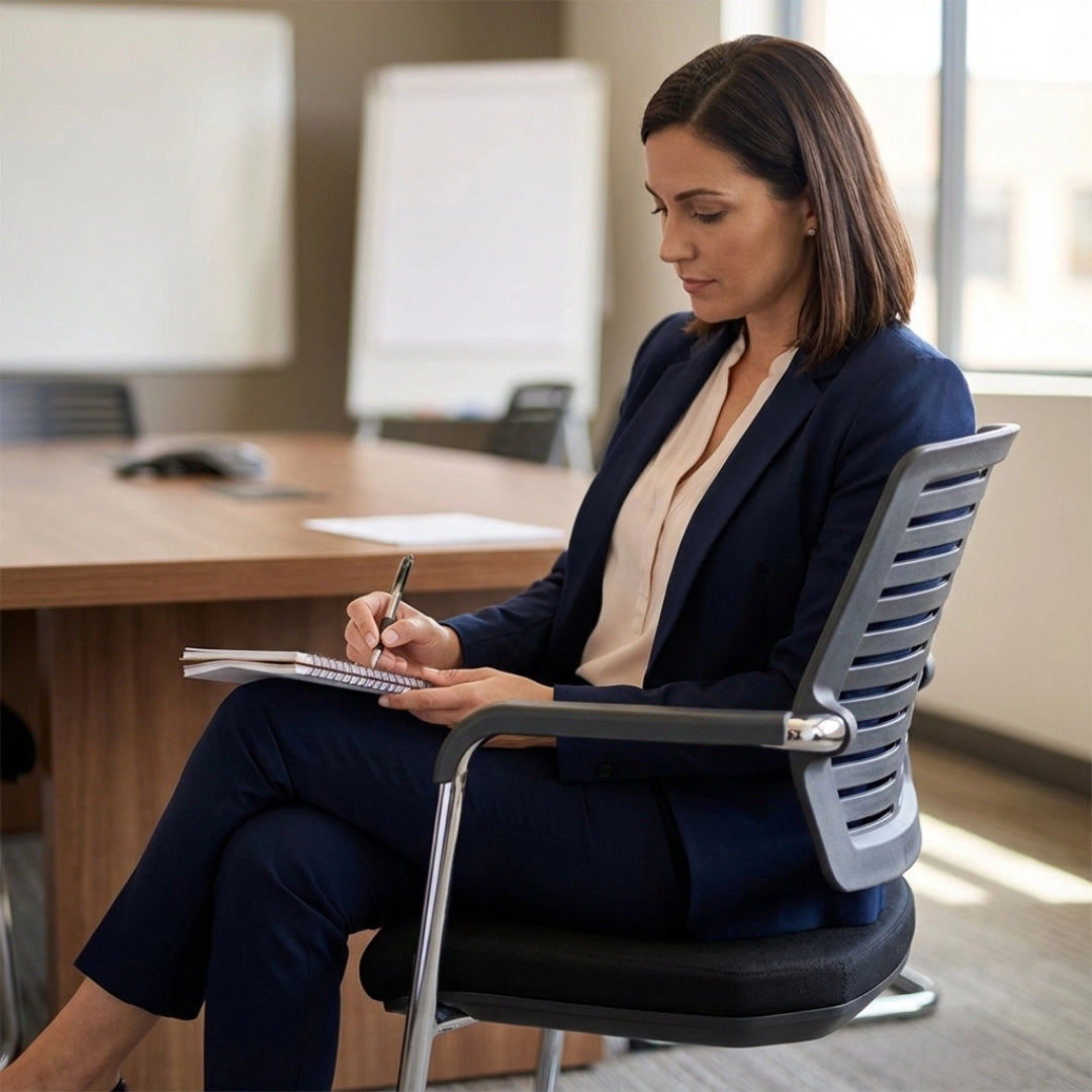 The image features an ergonomic conference chair, likely from the "Confi" model line. It shows a woman in professional attire sitting comfortably while taking notes in a notebook. The setting appears to be a modern conference room with a wooden table and a bright atmosphere.