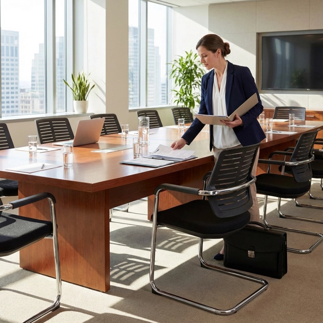 The image features a conference chair designed for office environments, likely an ergonomic model. It showcases a sleek, modern design with a black seat and backrest, supported by a chrome frame. In the scene, a woman in professional attire is organizing documents at a large conference table, which is equipped with a laptop and glasses of water, set in a bright