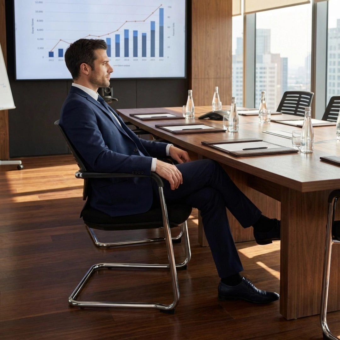 The image features a conference chair, likely designed for office use, showcasing a modern and sleek aesthetic. The chair has a minimalist design with a metal frame and a comfortable seat. A man in formal attire is seated at a conference table, with a presentation screen displaying graphs in the background, indicating a professional setting.