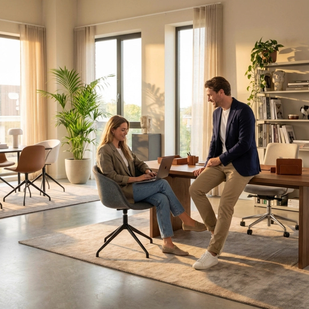 The image features an ergonomic office chair, designed for comfort and support during work. The setting is a modern office environment, showcasing a woman working on a laptop while seated in the chair, and a man standing nearby. The space is well-lit with large windows, and there are plants and stylish furniture, creating a welcoming atmosphere. The specific brand and model