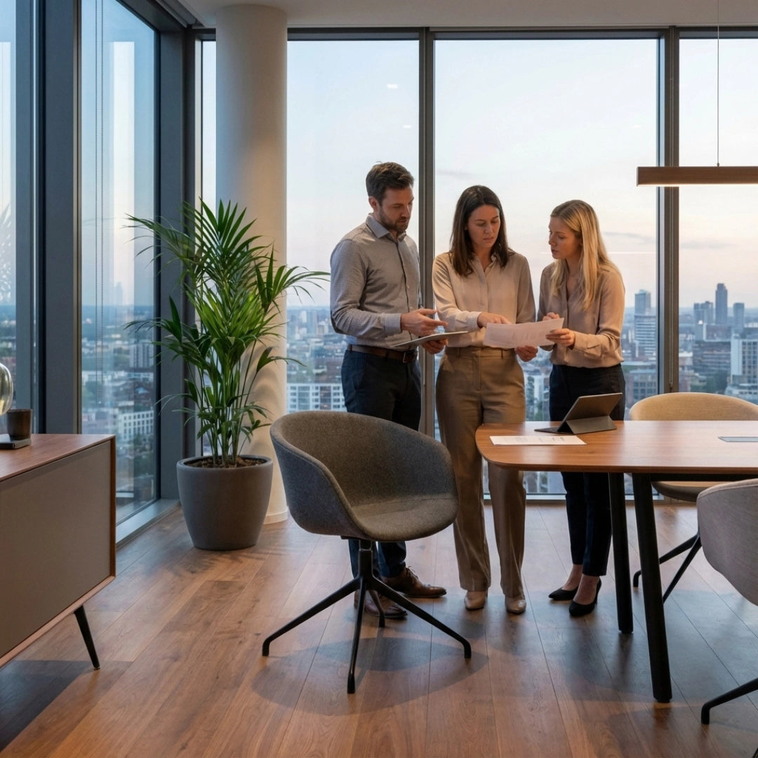The image features a modern conference room setting with a focus on a stylish ergonomic office chair. The chair has a rounded, upholstered seat and a sleek design, suitable for collaborative workspaces. In the scene, three professionals are engaged in discussion while reviewing documents, with large windows showcasing a city view in the background. The overall ambiance combines contemporary furniture with a
