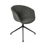 The image features a modern conference chair with a sleek, ergonomic design. It has a rounded, upholstered seat in a gray fabric and a sturdy black metal base with a four-legged support. The overall aesthetic is minimalist, making it suitable for contemporary office environments.