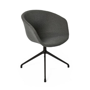 The image features a modern conference chair with a sleek, ergonomic design. It has a rounded, upholstered seat in a gray fabric and a sturdy black metal base with a four-legged support. The overall aesthetic is minimalist, making it suitable for contemporary office environments.