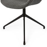 The image features an ergonomic office chair with a modern design. It has a gray fabric seat and a sleek black metal base with a three-legged design. The focus is on the chair's seat and part of the base, showcasing its contemporary aesthetic.