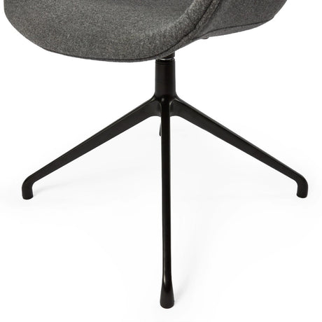 The image features an ergonomic office chair with a modern design. It has a gray fabric seat and a sleek black metal base with a three-legged design. The focus is on the chair's seat and part of the base, showcasing its contemporary aesthetic.