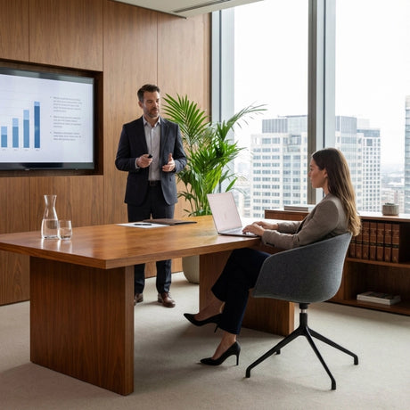 The image features an ergonomic office chair, likely designed for conference or meeting settings. The chair has a modern design with a fabric seat and a five-point base. In the scene, a woman is seated at a wooden conference table, working on a laptop, while a man stands nearby presenting information displayed on a screen. The office environment is sleek and professional