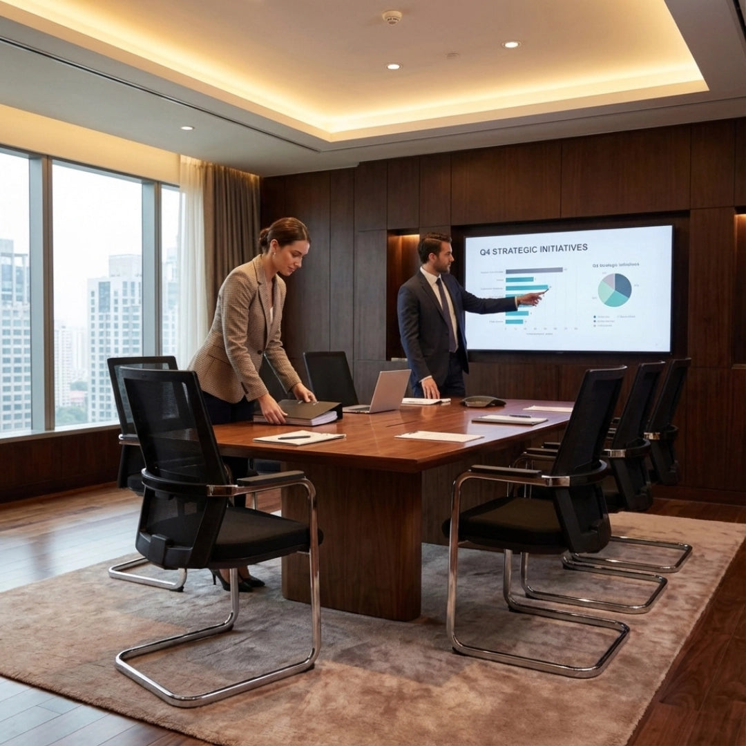 The image features a modern conference room setup with several sledge base conference chairs. These chairs are designed for comfort and style, suitable for professional environments. In the scene, a woman is organizing materials on the table while a man presents information on a screen, indicating a business meeting or presentation taking place. The room has large windows, providing a view of