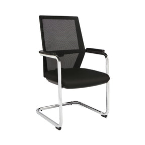 The image shows a conference chair with a sleek and modern design. It features a black mesh backrest for breathability and a padded seat for comfort. The chair has a chrome frame and armrests, making it suitable for office or conference settings. The specific brand and model are not identifiable from the image alone.