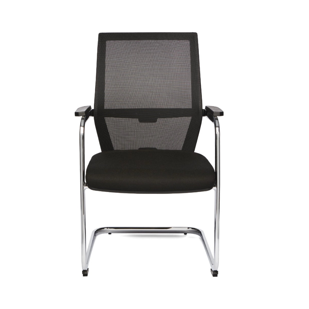 The product is a conference chair with a sled base design. It features a black mesh backrest for breathability and a padded seat for comfort. The chair has chrome armrests and a sleek, modern look, making it suitable for office or conference settings.