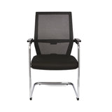 The product is a conference chair with a sled base design. It features a black mesh backrest for breathability and a padded seat for comfort. The chair has chrome armrests and a sleek, modern look, making it suitable for office or conference settings.