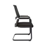 The image features a conference chair with a sledge base design, suitable for office or meeting environments. It has a sleek, modern aesthetic with a black fabric seat and backrest, complemented by metallic armrests and a sturdy frame. The chair is designed for comfort and functionality, ideal for prolonged seating during conferences or meetings.