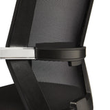 The product depicted is an ergonomic conference chair, designed for comfort during meetings and long periods of sitting. The image shows a close-up of the chair's mesh backrest and armrest, highlighting its modern design and breathable material for enhanced support. The chair features a sleek black frame with a chrome accent on the armrest.