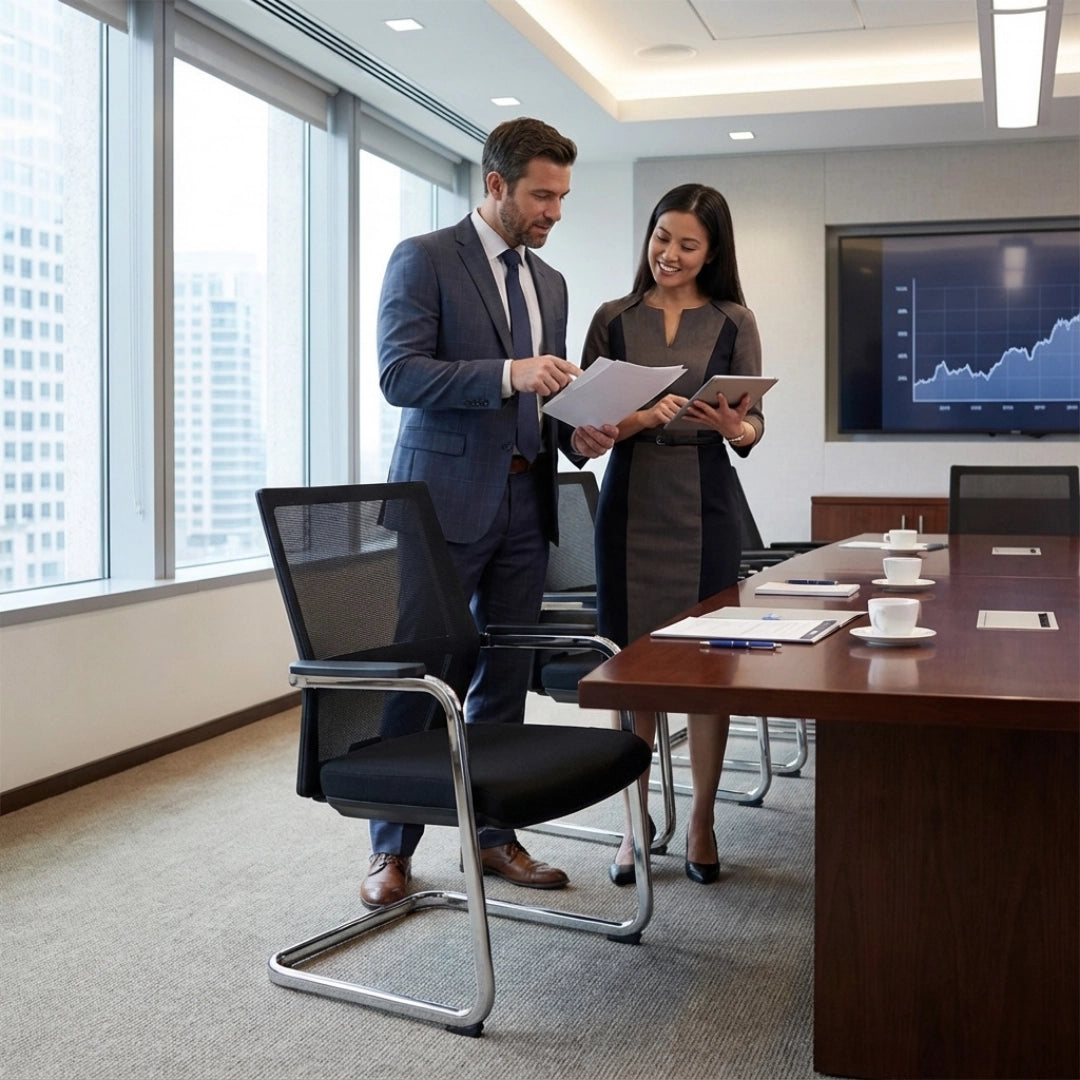 The image features a conference chair with a sledge base design, suitable for office environments. It appears to be a modern ergonomic chair, designed for comfort during meetings. In the scene, a man and a woman are discussing documents in a well-lit conference room, with a large table and a presentation screen displaying a graph in the background.
