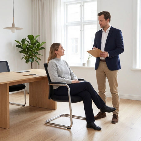 The image features a conference chair with a sledge base, designed for office or meeting environments. It appears to be a modern and ergonomic model, likely from a contemporary furniture brand. In the scene, a woman sits comfortably in the chair while a man stands beside her, holding a clipboard and engaging in conversation. The setting is bright and minimalistic,