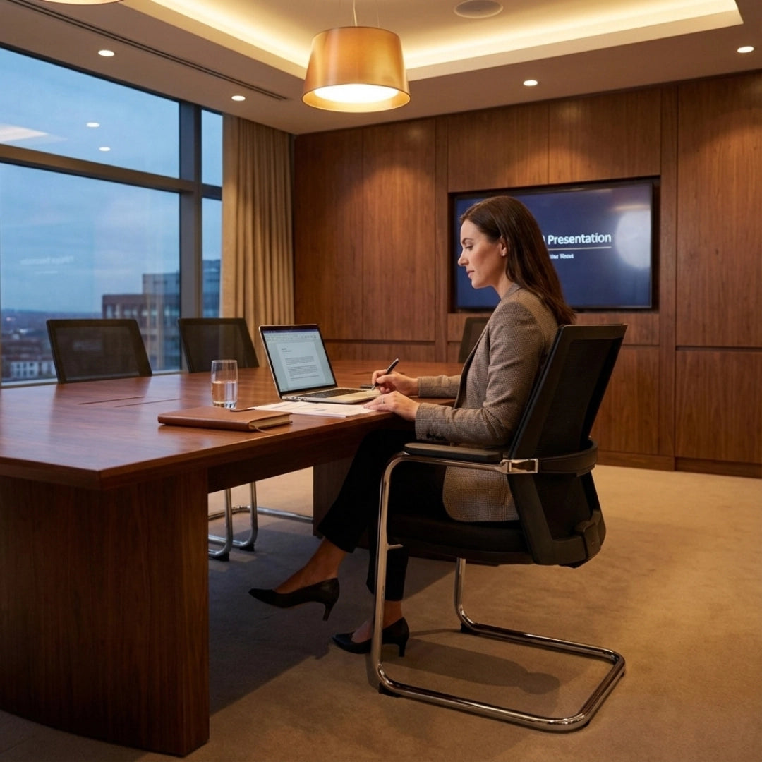 The image features a conference chair with a sled base design, suitable for office environments. A woman is seated at a conference table, working on a laptop and taking notes. The setting is a modern meeting room with wooden paneling and a large window, providing a professional atmosphere.