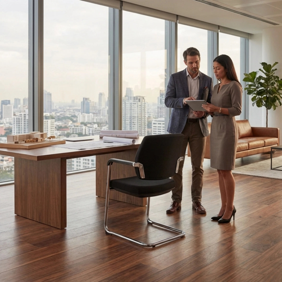 The image features a conference chair, likely designed for office use. It has a sleek, modern design with a black seat and chrome armrests. In the scene, a man and a woman are engaged in discussion near a wooden desk, with a cityscape visible through large windows, creating a professional atmosphere.