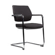 The product is a conference chair designed for office use. It features a sleek, modern design with a black mesh seat and backrest, supported by a chrome frame. The chair includes armrests for added comfort, making it suitable for meetings and conferences.