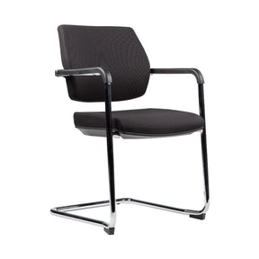The product is a conference chair designed for office use. It features a sleek, modern design with a black mesh seat and backrest, supported by a chrome frame. The chair includes armrests for added comfort, making it suitable for meetings and conferences.