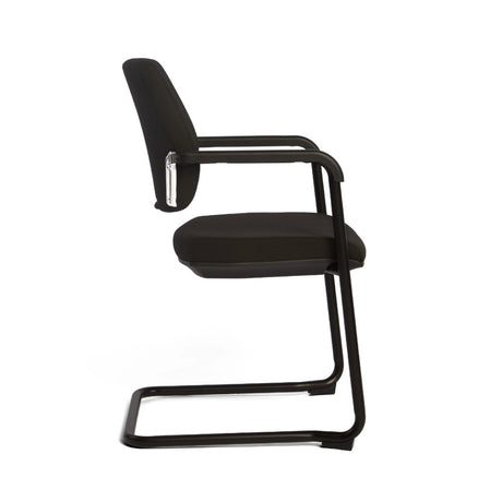 The image shows a conference chair with a sleek, modern design. It features a black fabric seat and backrest, supported by a sturdy metal frame. The chair includes armrests for added comfort, making it suitable for meetings and conferences.