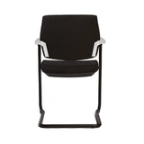 The product is a conference chair, specifically designed for office or meeting environments. It features a sleek black fabric upholstery and a minimalist design with metal armrests and a sturdy frame. The chair is shown from the back, highlighting its modern aesthetic and functional elements.