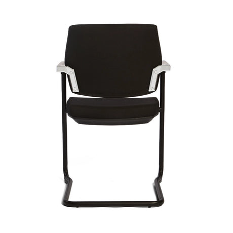 The product is a conference chair, specifically designed for office or meeting environments. It features a sleek black fabric upholstery and a minimalist design with metal armrests and a sturdy frame. The chair is shown from the back, highlighting its modern aesthetic and functional elements.
