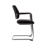 The product is a conference chair, designed for office or meeting environments. It features a sleek, modern design with a black fabric seat and backrest, supported by a chrome frame. The chair includes armrests for added comfort, making it suitable for prolonged sitting during meetings or conferences.