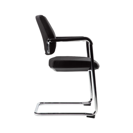 The product is a conference chair, designed for office or meeting environments. It features a sleek, modern design with a black fabric seat and backrest, supported by a chrome frame. The chair includes armrests for added comfort, making it suitable for prolonged sitting during meetings or conferences.