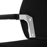 The image showcases a conference chair, likely designed for ergonomic comfort in office settings. It features a sleek black fabric upholstery and a metallic armrest with a polished chrome finish, emphasizing both functionality and modern aesthetics. The design suggests durability and a professional appearance, suitable for meetings and collaborative environments.