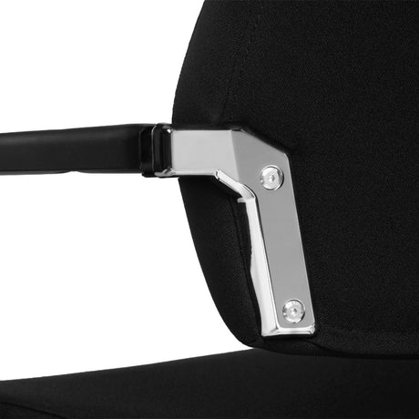 The image showcases a conference chair, likely designed for ergonomic comfort in office settings. It features a sleek black fabric upholstery and a metallic armrest with a polished chrome finish, emphasizing both functionality and modern aesthetics. The design suggests durability and a professional appearance, suitable for meetings and collaborative environments.