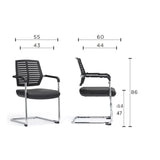 The image features a conference chair, specifically a modern design with a sleek, minimalist aesthetic. It has a black seat and backrest with a slatted design for ventilation, supported by a chrome frame. The chair is suitable for office or conference settings, offering a blend of comfort and style. Dimensions are provided, indicating its size for potential buyers.