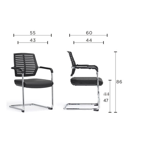 The image features a conference chair, specifically a modern design with a sleek, minimalist aesthetic. It has a black seat and backrest with a slatted design for ventilation, supported by a chrome frame. The chair is suitable for office or conference settings, offering a blend of comfort and style. Dimensions are provided, indicating its size for potential buyers.