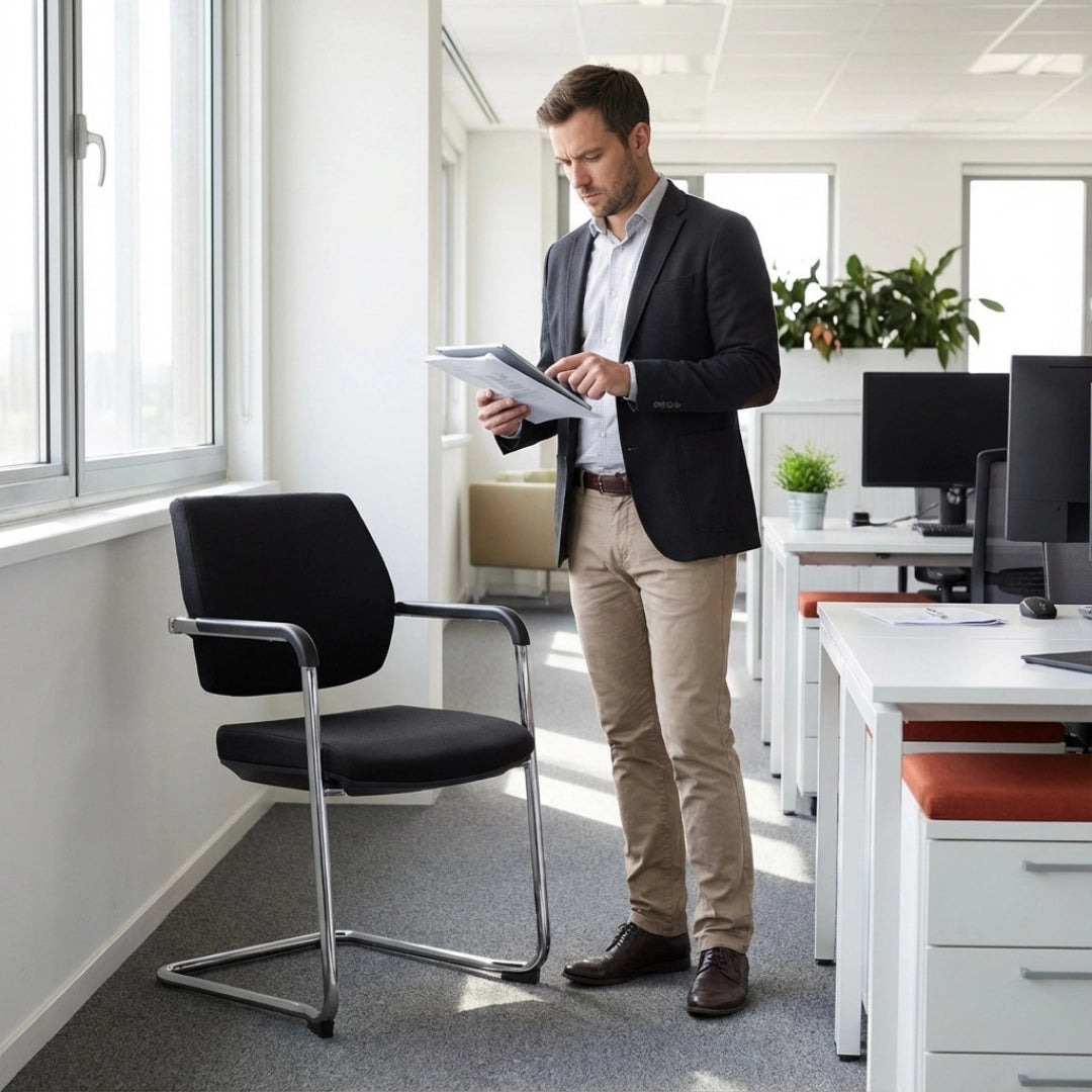 The image features a conference chair with a sleek, modern design, likely intended for office or meeting environments. It has a black fabric seat and backrest supported by a chrome frame. A man in business attire stands nearby, reviewing documents, with a well-lit office setting visible in the background, including desks and plants. The overall atmosphere suggests a professional workspace