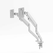 The product is a dual monitor arm designed for ergonomic workspace setups. It features a sleek, white design with two adjustable arms that can hold two monitors, allowing for flexible positioning. The arm is mounted on a sturdy base, providing stability and ease of use.