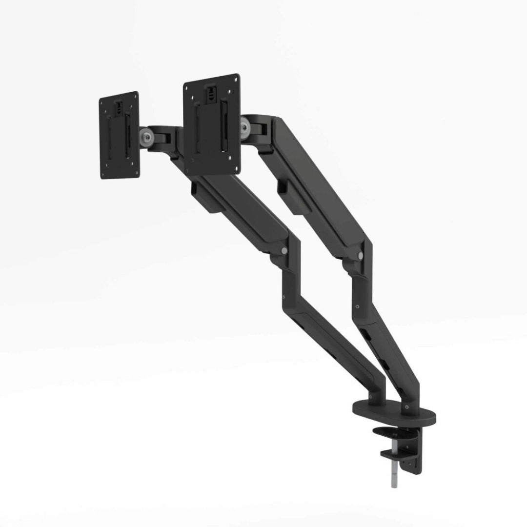 The product is a dual monitor arm designed for ergonomic office setups. It features a sleek, adjustable design that allows for the mounting of two monitors, enhancing workspace efficiency. The arm is shown in a black finish, with articulated joints for flexible positioning and a clamp mechanism for secure attachment to a desk.