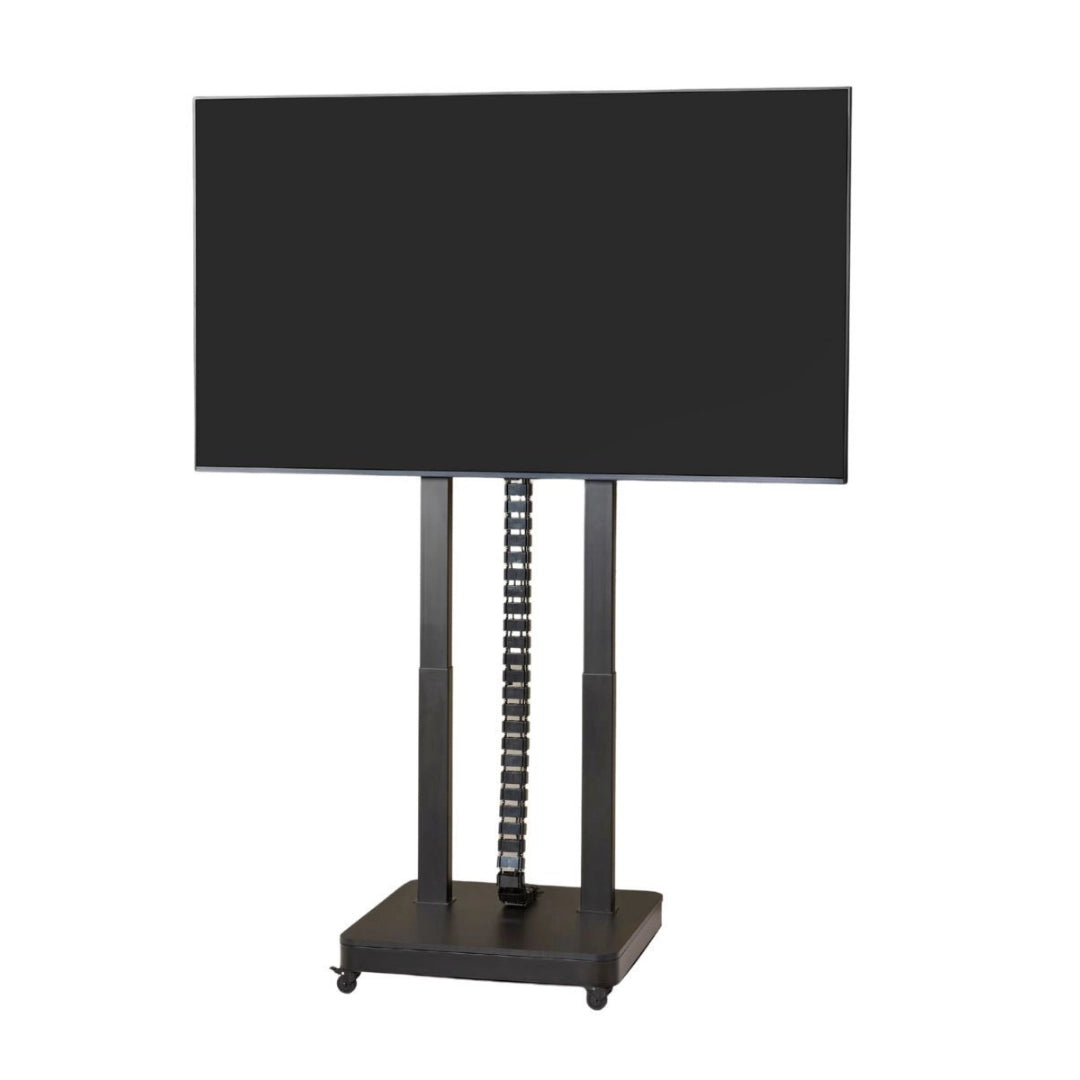 The product is an electric mobile TV lift stand. It features a sleek design with a large, flat-screen TV mounted on a sturdy base. The stand includes adjustable height capabilities, supported by two vertical columns and a central mechanism for smooth lifting. The base is equipped with wheels for easy mobility.