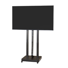 The product is an electric mobile TV lift stand. It features a sleek design with a large, flat-screen TV mounted on a sturdy base. The stand includes adjustable height capabilities, supported by two vertical columns and a central mechanism for smooth lifting. The base is equipped with wheels for easy mobility.