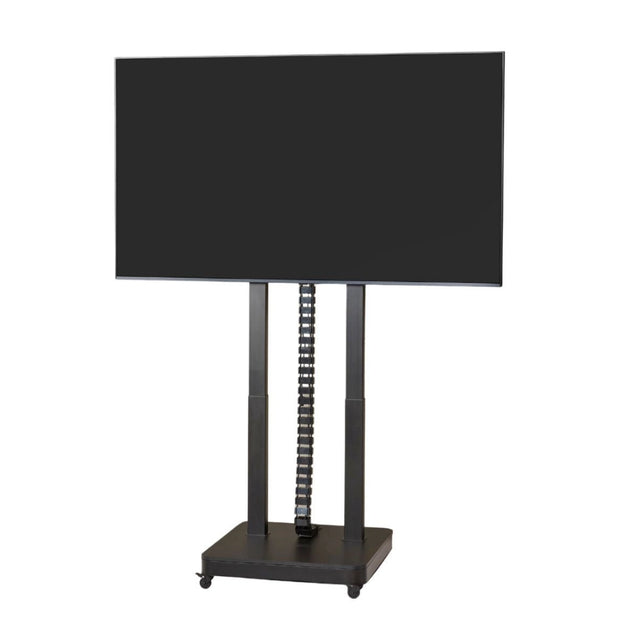 The product is an electric mobile TV lift stand. It features a sleek design with a large, flat-screen TV mounted on a sturdy base. The stand includes adjustable height capabilities, supported by two vertical columns and a central mechanism for smooth lifting. The base is equipped with wheels for easy mobility.