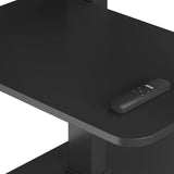 The product is an electric mobile TV lift stand. It features a sleek black design with a flat surface, and a remote control is placed on the table. The stand is designed to elevate a television for optimal viewing.