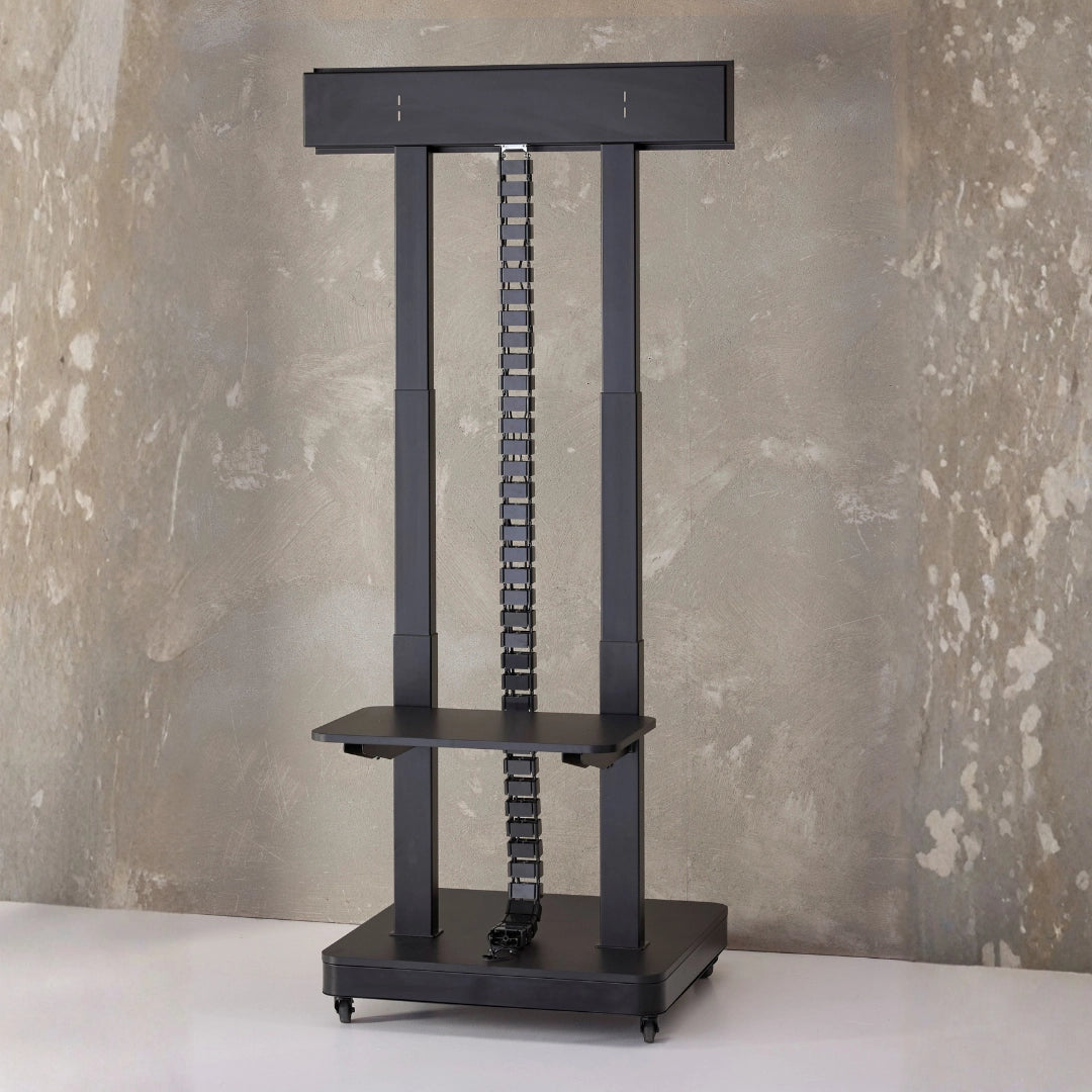 The product is an electric mobile TV lift stand. It features a sleek, modern design with a black finish and includes a sturdy base and adjustable height mechanism. The stand is equipped with wheels for mobility, making it convenient for various settings, such as offices or home theaters.