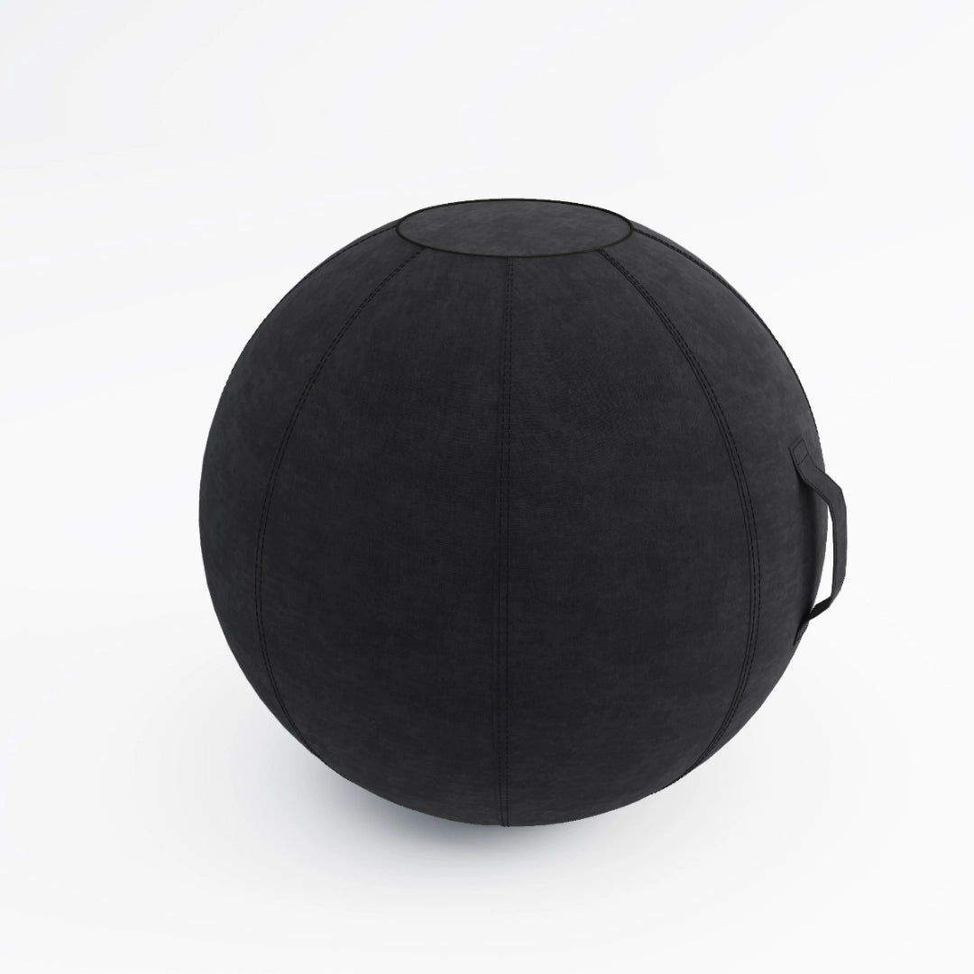 The product is an ergonomic seating ball designed for active sitting. It appears to be a black, textured ball with a handle for easy transport. The design suggests a focus on promoting better posture and comfort while sitting.