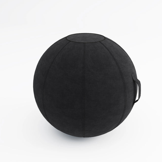 The product is an ergonomic seating ball designed for active sitting. It appears to be a black, textured ball with a handle for easy transport. The design suggests a focus on promoting better posture and comfort while sitting.
