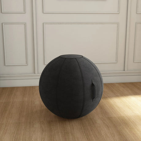 The product is an ergonomic seating ball designed for active sitting. It appears to be a modern, black fabric ball with a handle for easy transport. The setting features a wooden floor and a plain wall, emphasizing the ball's design.