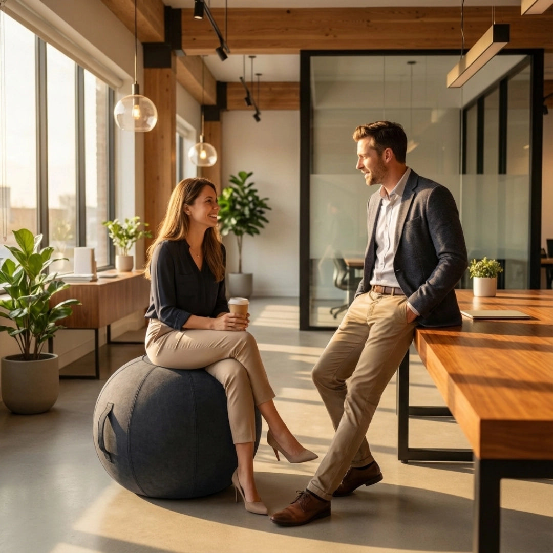 The product depicted is an ergonomic seating ball, designed to promote better posture and comfort while seated. The image shows a modern office environment where a woman is sitting on the ball, engaging in conversation with a man. The setting features natural light, plants, and contemporary furniture, creating a welcoming and stylish atmosphere.