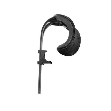 The product depicted is an ergonomic office chair accessory, specifically a headrest. It features a sleek black design with a mesh covering for comfort and breathability. The adjustable arm allows for easy attachment to various chair models, enhancing support and promoting better posture while seated.