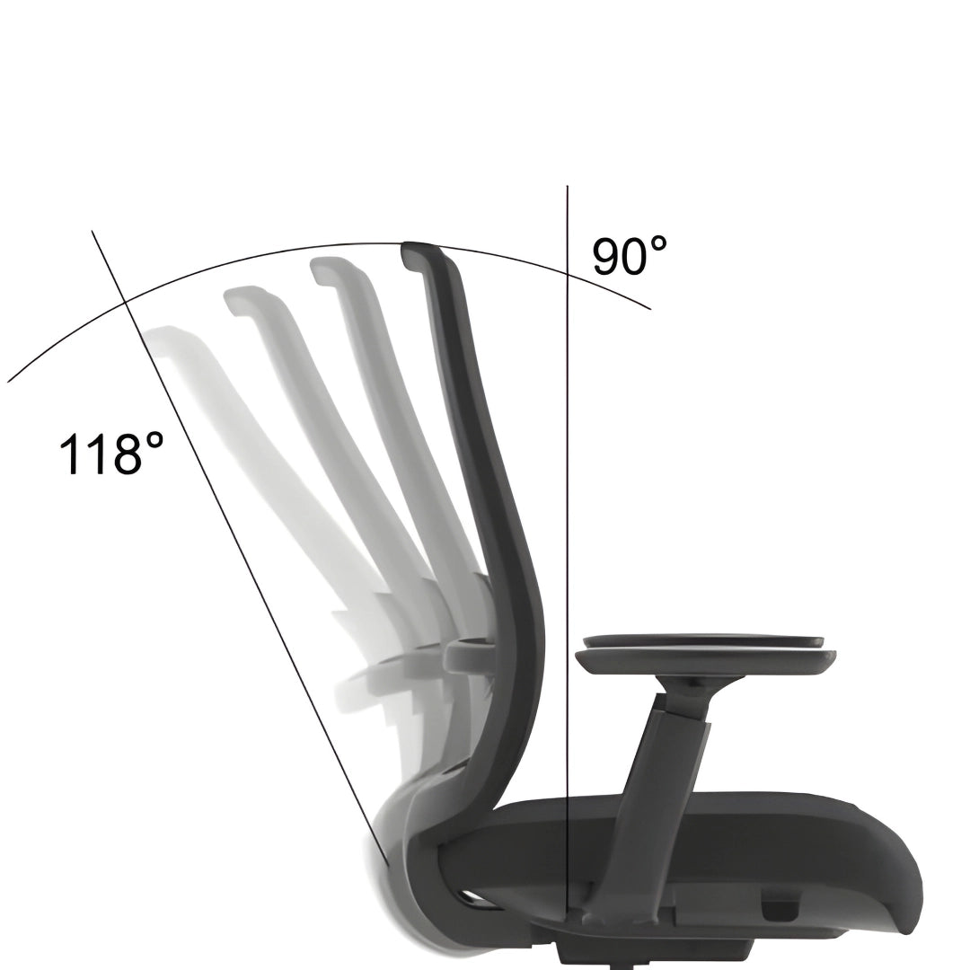 The product is an ergonomic office chair, specifically the Vane model. The image shows the chair's backrest with adjustable reclining angles, indicating positions at 90° and 118°. The design emphasizes comfort and support for extended sitting periods.