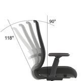 The product is an ergonomic office chair, specifically the Vane model. The image shows the chair's backrest with adjustable reclining angles, indicating positions at 90° and 118°. The design emphasizes comfort and support for extended sitting periods.