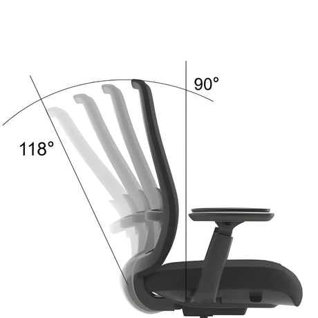 The product is an ergonomic office chair, specifically the Vane model. The image shows the chair's backrest with adjustable reclining angles, indicating positions at 90° and 118°. The design emphasizes comfort and support for extended sitting periods.