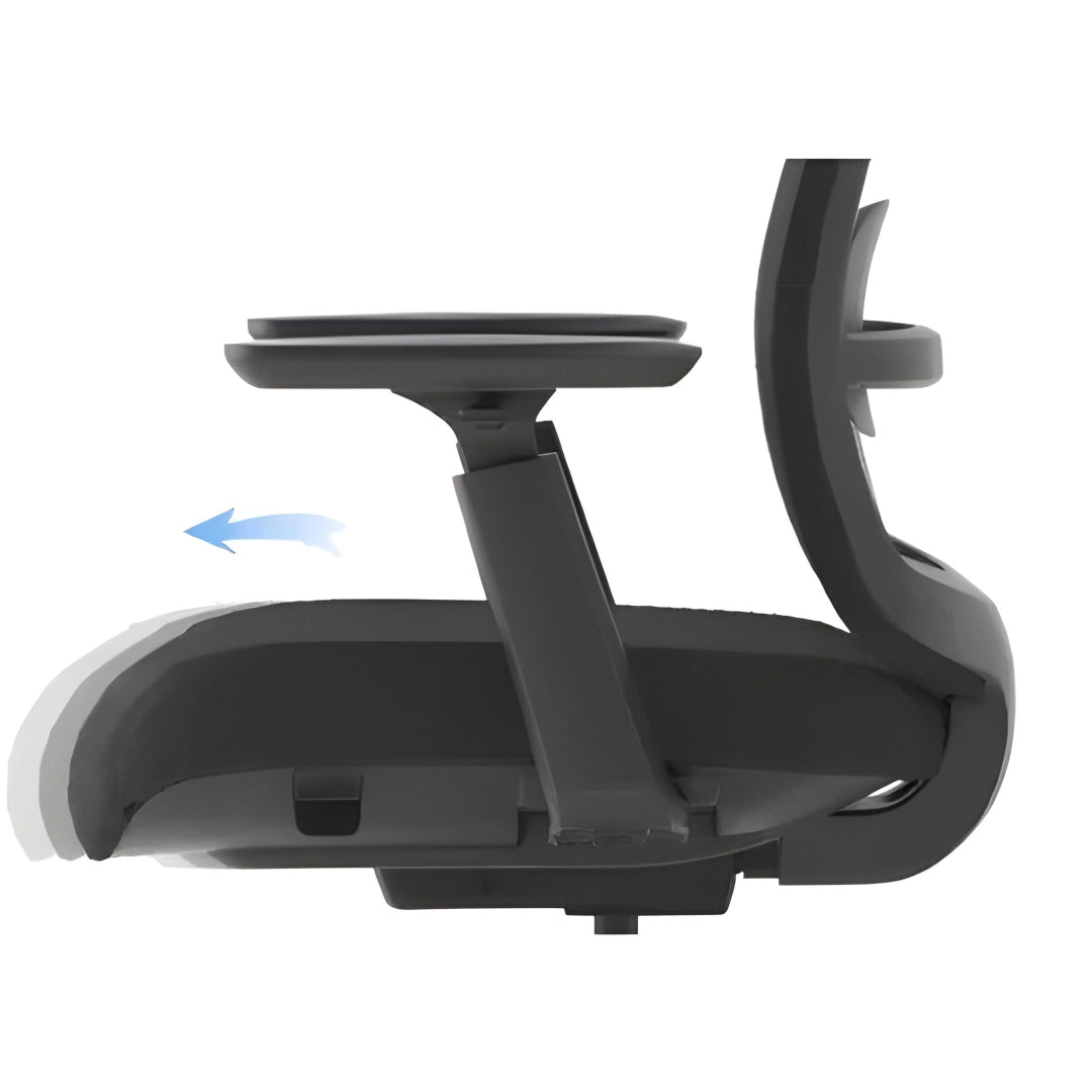 The product is an ergonomic office chair, specifically the Vane model. The image shows a side view of the chair, highlighting its adjustable armrest mechanism, which allows for movement to enhance user comfort. The overall design appears modern and functional, suitable for office environments.