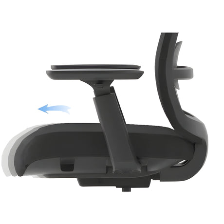 The product is an ergonomic office chair, specifically the Vane model. The image shows a side view of the chair, highlighting its adjustable armrest mechanism, which allows for movement to enhance user comfort. The overall design appears modern and functional, suitable for office environments.