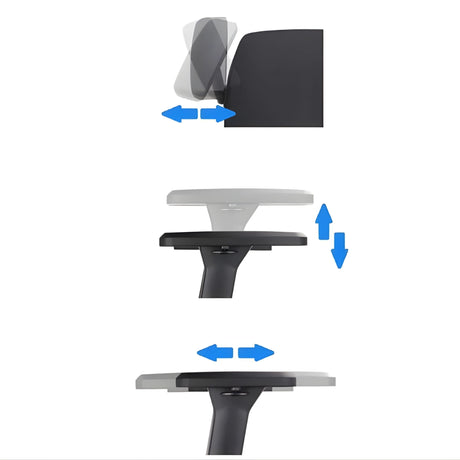 The image features an ergonomic office chair model named "Vane." It showcases adjustable components, including a movable armrest and a height-adjustable seat, designed to enhance comfort and support during prolonged sitting. The visual elements indicate the directions in which these features can be adjusted.